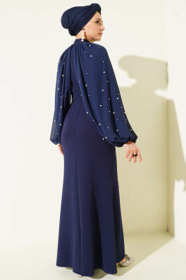 İnci Pelerinli Abiye Elbise Lacivert - Thumbnail