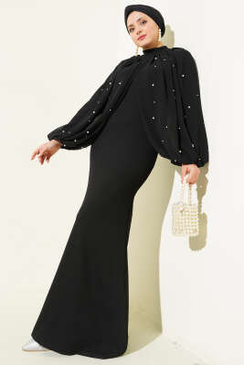 İnci Pelerinli Abiye Elbise Siyah - Thumbnail