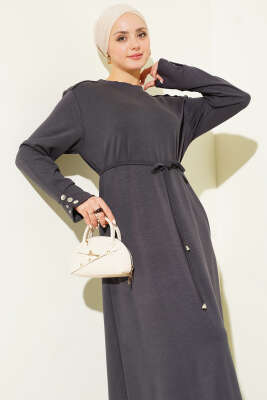 Metal Düğme Süslemeli Bağcıklı Elbise Füme - Thumbnail