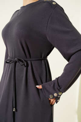 Metal Düğme Süslemeli Bağcıklı Elbise Füme - Thumbnail