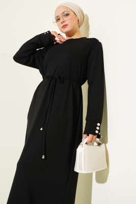 Metal Düğme Süslemeli Bağcıklı Elbise Siyah - Thumbnail