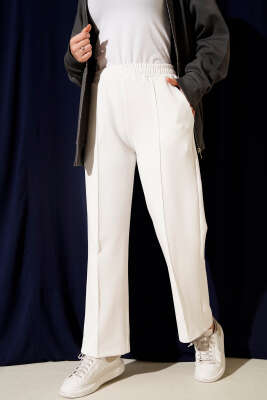 Pazarium - Bel Lastikli Scuba Cepli Pantolon Beyaz