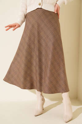 Pazarium - Ekose Desenli Etek Vizon