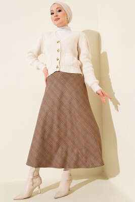 Ekose Desenli Etek Vizon - Thumbnail