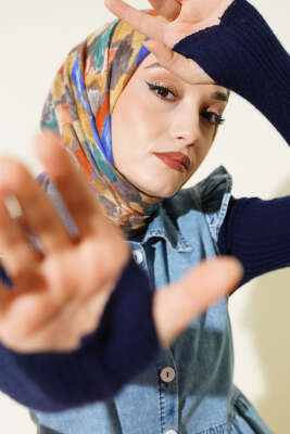 Pazarium - Flamlı Ebruli Desenli Eşarp Vizon