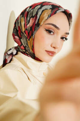 Pazarium - Flamlı Ebruli Desenli Eşarp Siyah