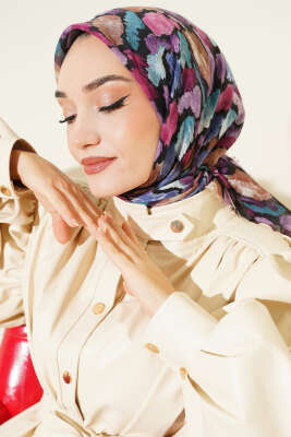 Pazarium - Flamlı Ebruli Desenli Eşarp Lila