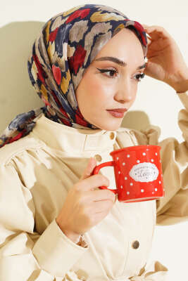 Pazarium - Flamlı Ebruli Desenli Eşarp Lacivert Bej