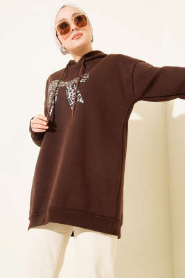 Pazarium - Leopar Kurdele Baskılı Üç İplik Sweatshirt Kahve