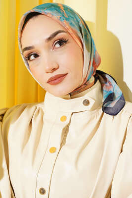 Desenli Dijital Baskılı Eşarp Lacivert Mavi - Thumbnail