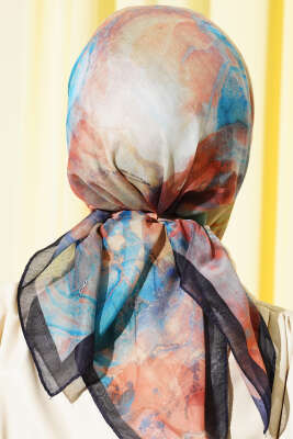 Desenli Dijital Baskılı Eşarp Lacivert Mavi - Thumbnail