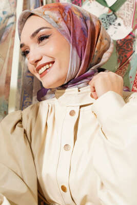 Desenli Dijital Baskılı Eşarp Mor - Thumbnail