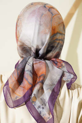 Desenli Dijital Baskılı Eşarp Mor - Thumbnail