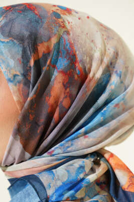 Desenli Dijital Baskılı Eşarp Petrol Mavisi - Thumbnail