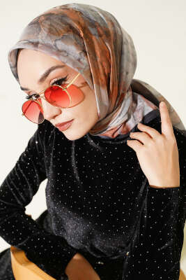 Desenli Dijital Baskılı Eşarp Siyah Taş - Thumbnail