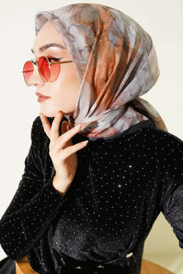 Desenli Dijital Baskılı Eşarp Siyah Taş - Thumbnail