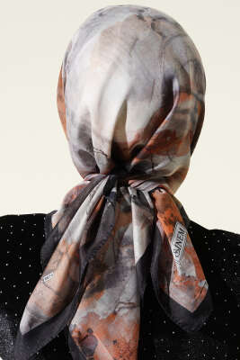 Desenli Dijital Baskılı Eşarp Siyah Taş - Thumbnail