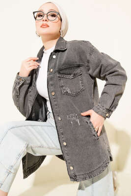 Pazarium - Çift Cepli Yıpratma Kot Ceket Füme
