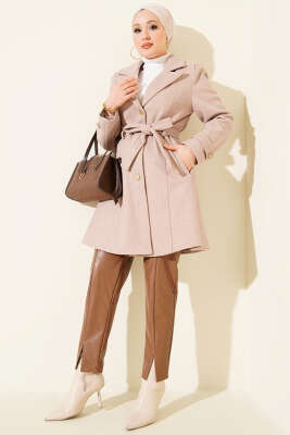 Kuşaklı Gold Düğmeli Kaşe Kaban Vizon - Thumbnail