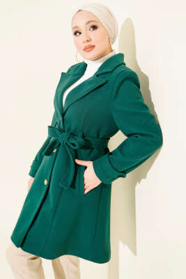 Pazarium - Kuşaklı Gold Düğmeli Kaşe Kaban Zümrüt