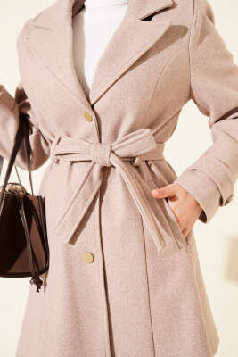 Kuşaklı Gold Düğmeli Kaşe Kaban Vizon - Thumbnail