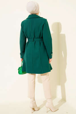 Kuşaklı Gold Düğmeli Kaşe Kaban Zümrüt - Thumbnail