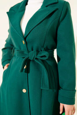 Kuşaklı Gold Düğmeli Kaşe Kaban Zümrüt - Thumbnail