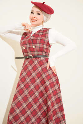 Ekose Desenli Kemerli Jile Elbise Bordo - Thumbnail