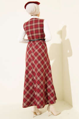 Ekose Desenli Kemerli Jile Elbise Bordo - Thumbnail