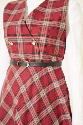 Ekose Desenli Kemerli Jile Elbise Bordo - Thumbnail