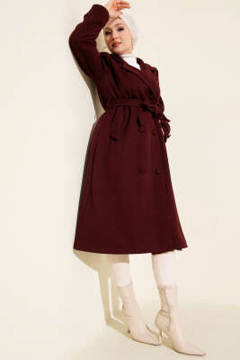 Pazarium - Boydan Düğmeli Kruvaze Yaka Kaşe Kaban Bordo