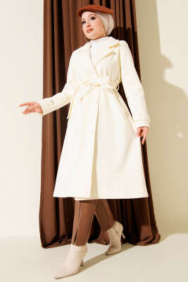 Pazarium - Boydan Düğmeli Kruvaze Yaka Kaşe Kaban Krem