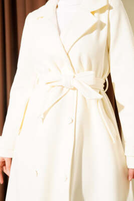 Boydan Düğmeli Kruvaze Yaka Kaşe Kaban Krem - Thumbnail