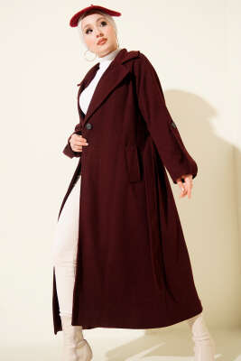 Fitilli Kuşaklı Kaşe Kaban Bordo - Thumbnail