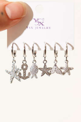 6'Lı Taşlı Küpe Seti Gümüş - Thumbnail