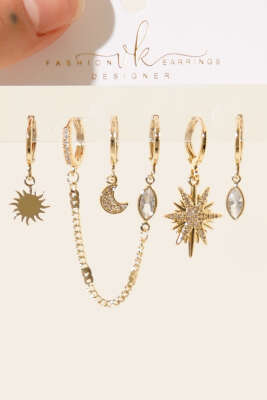 6'lı Kombin Ay Figürlü Küpe Seti Gold - Thumbnail