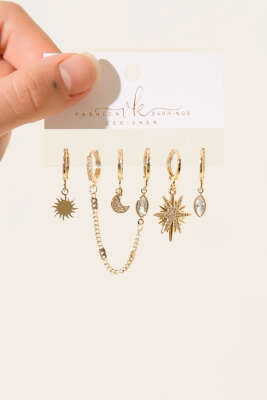 6'lı Kombin Ay Figürlü Küpe Seti Gold - Thumbnail