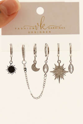 6'lı Kombin Ay Figürlü Küpe Seti Gümüş - Thumbnail