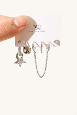 6'lı Kombin Yıldız Figürlü Taşlı Küpe Seti Gümüş - Thumbnail