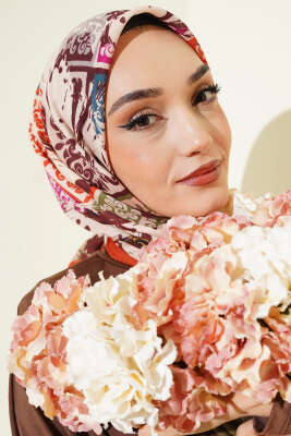 Pazarium - Karışık Motifli Desenli Eşarp Kiremit