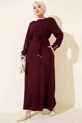 Pazarium - Metal Düğme Süslemeli Bağcıklı Elbise Bordo