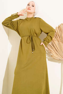 Pazarium - Metal Düğme Süslemeli Bağcıklı Elbise Yağ Yeşili