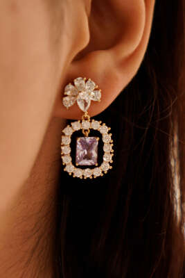 Pazarium - Lila-Taşlı-Küpe-Gold