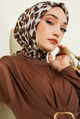 Leopar Desenli Soft Eşarp Kahve - Thumbnail