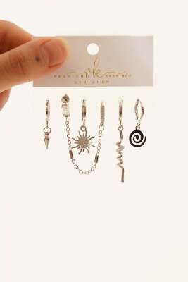 Pazarium - 6'lı Kombin Mini Taşlı Küpe Seti Gümüş