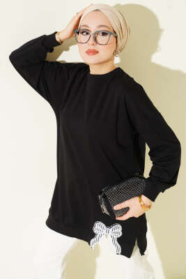 Pazarium - Yan Yırtmaçlı Kurdele Nakış Detaylı Tunik Siyah