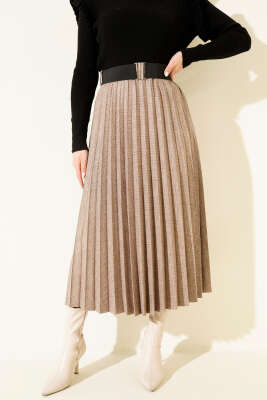 Pazarium - Beli Kemerli Lastikli Pileli Etek Vizon