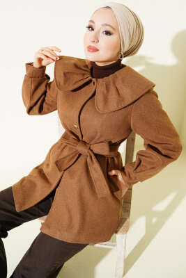 Pazarium - Bebe Yaka Detaylı Kaşe Kaban Taba