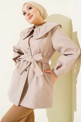 Pazarium - Bebe Yaka Detaylı Kaşe Kaban Vizon