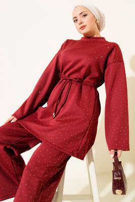 Pazarium - Serpme Taşlı İp Bağcıklı İkili Takım Bordo